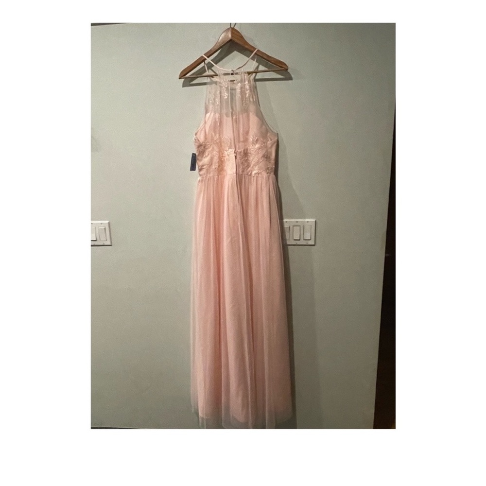 David’s Bridal High-Neck Embroidered Soft Net Bridesmaid Dress (Petal)